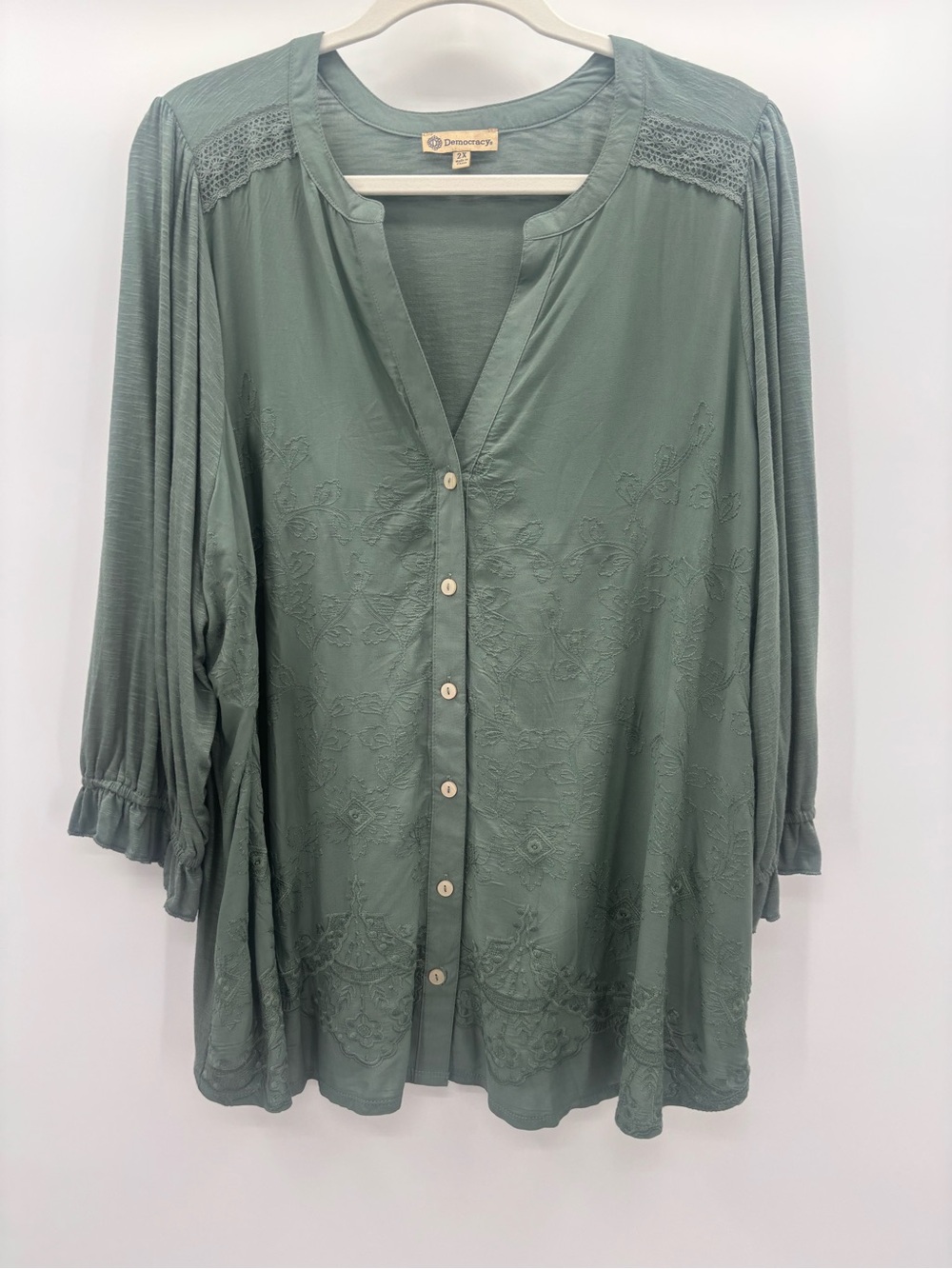 Democracy Embroidered Sage Green Button-Down Boho Bohemian Blouse Size 2X